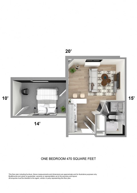 Floor plan for 1 bed, 1 bath, 470 sqft